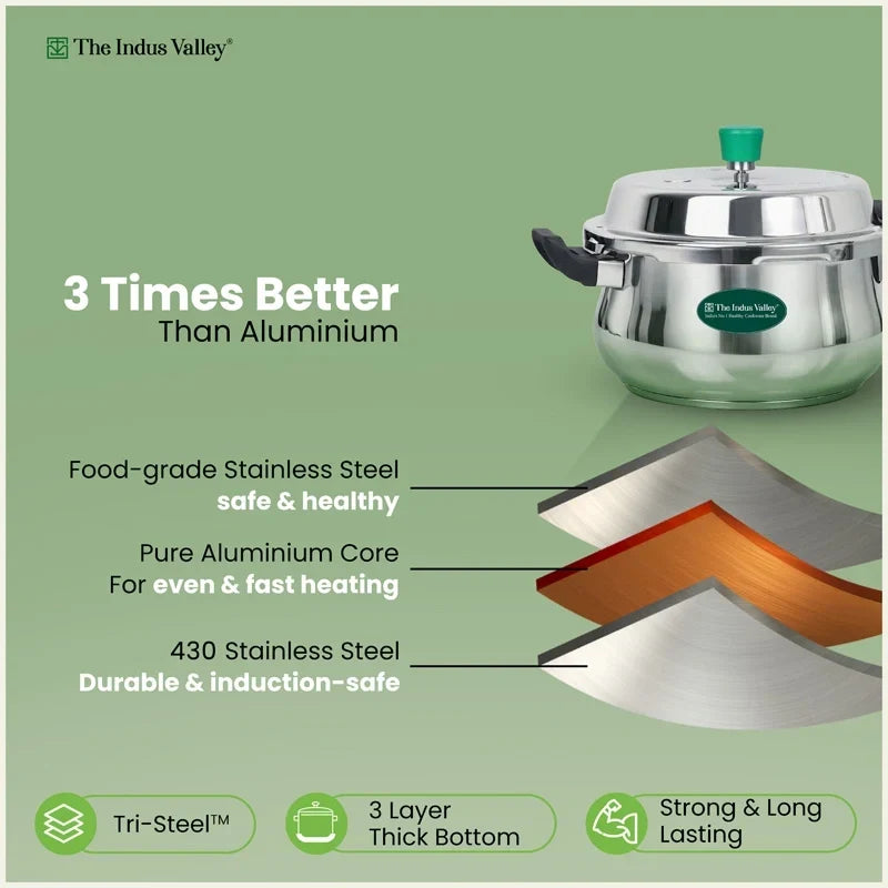 Image 3 of The Indus Valley Premium Stainless Steel Outer Lid Handi Pressure Cooker 1.5L/3.5L/5.5L, Premium Quality, Heavy Bottom, 100% Safe, ISI Certified, 3 Yr Warranty, Induction & Gas