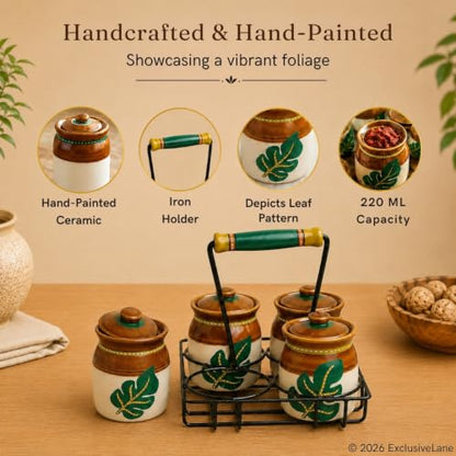 Image 6 of ExclusiveLane Shades of a Leaf Ceramic Pickle Jars with Iron Holder