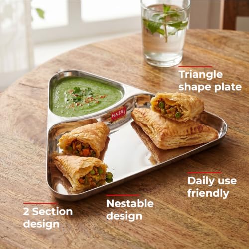 Image 4 of HAZEL Triangle Snack Plate Stainless Steel 2 in 1 Section Plate Set of 6