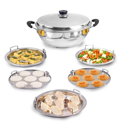 Image 1 of 4 Litre for the product The Indus Valley Stainless Steel Idli Maker/Momo Maker/Multi Kadai/Steamer Set|Large, 5 Plates, 2 Idli|2 Dhokla|1 Steamer|29Cm/11.3 Inch, 4.2Ltr, 2.5Kg|3-Layer Thick Bottom|Induction Friendly