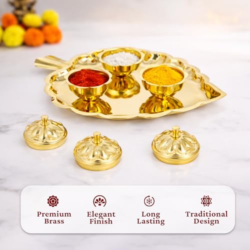 Image 7 of Spillbox Brass Leaf-Shape Puja Thali With 3 Attached Bowls - 3 Leaf Bowl - Small