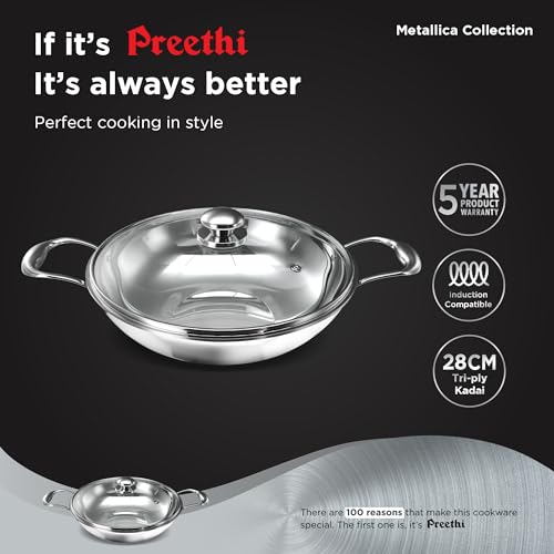 Image 2 of Preethi Metallica Collection Triply Stainless Steel Kadai with Glass Lid, 28 cm, Gas & Induction Compatible, Metal Spatula Friendly