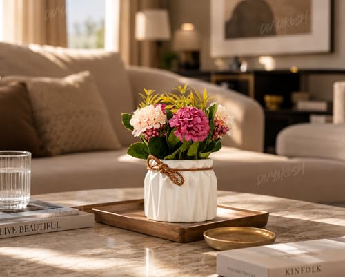 Image 5 of Divyakosh Artificial Flowers Bunch with Vase for Home Decor, Hydrangea Flower Arrangement with Ceramic, Flower Vase's, Home Decoration Items for Living Room, Aesthetic Home Decoration