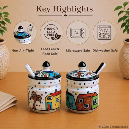 Image 5 of ExclusiveLane Hut Handpainted Ceramic Pickle Jars with Spoon & Lid Set