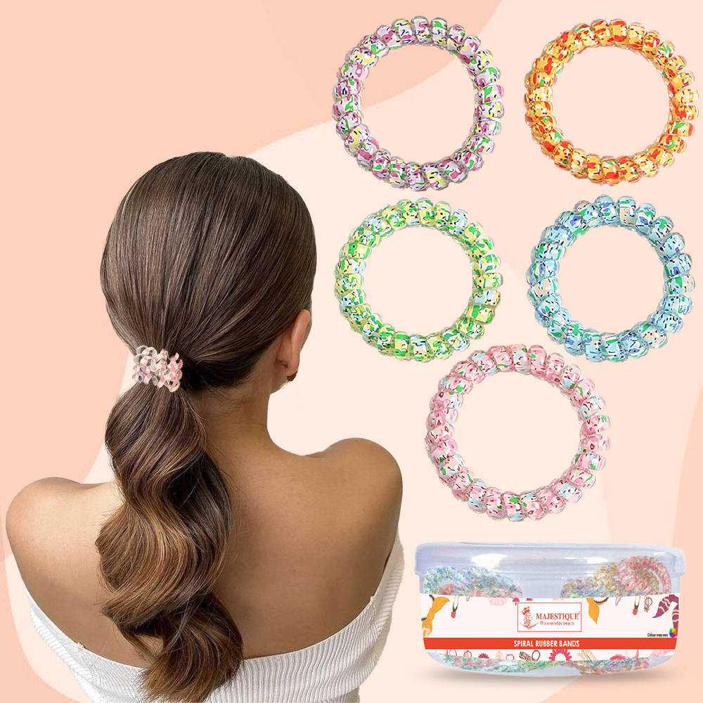 Image 1 of 5 Pcs for the product Majestique Spiral Hair Ties For Thick Hair Elastic Hair Coils Rubber Band- 5 Pcs (Multicolor)