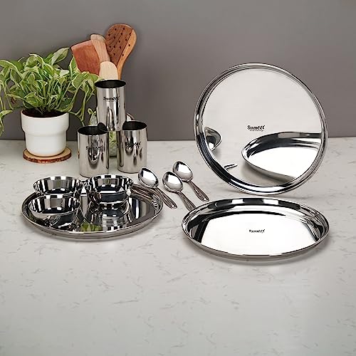 Image 5 of Sumeet Stainless Steel Heavy Gauge Mirror Finish Dinner Solid Set of 12 Pcs (3 Plate, 3 Bowl/Wati, 3 Glass, 3 Spoon), Silver