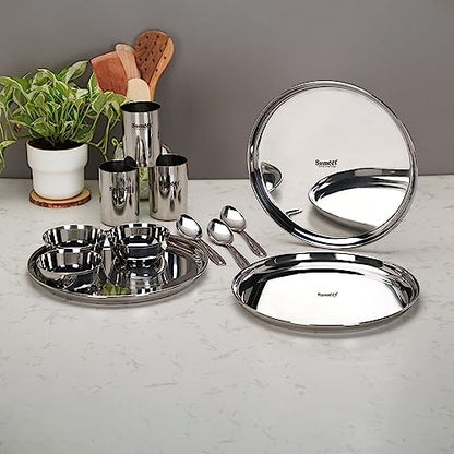 Image 5 of Sumeet Stainless Steel Heavy Gauge Mirror Finish Dinner Solid Set of 12 Pcs (3 Plate, 3 Bowl/Wati, 3 Glass, 3 Spoon), Silver