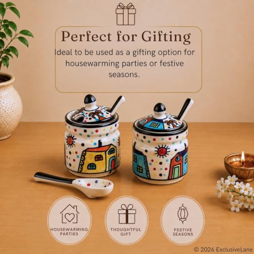 Image 6 of ExclusiveLane Hut Handpainted Ceramic Pickle Jars with Spoon & Lid Set