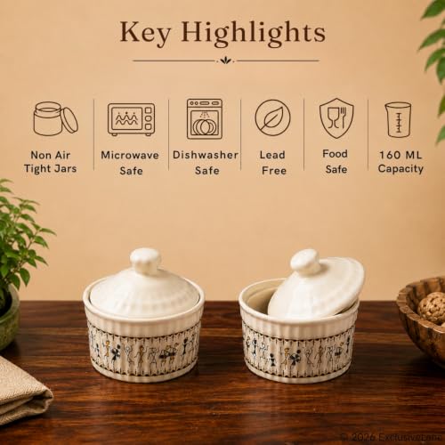 Image 5 of ExclusiveLane Warli Village Tales Handcrafted Ceramic Pickle Jar Set (Set of 2, 160 ml)