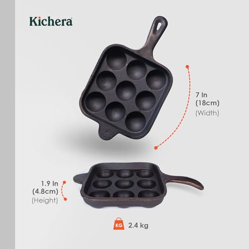 Image 4 of Kichera Cast Iron 9 Cavity Paniyaram Pan Long Handle 7 Inch, 2.4kg