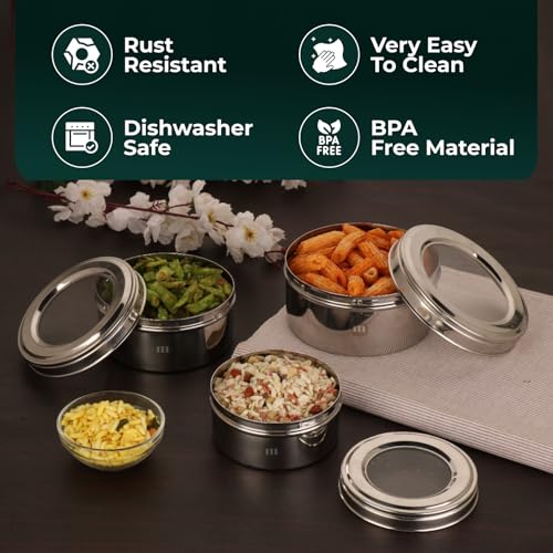 Image 6 of MARU Stainless Steel Dabba Set for Kitchen with Transparent Lids Set of 3 (500ml, 750ml, 950ml)