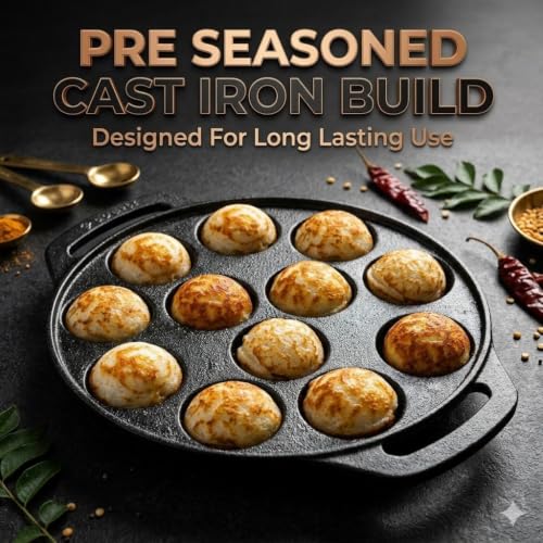 Image 3 of Generic Pre-Seasoned Cast Iron Paniyaram Pan, 12 Cavity