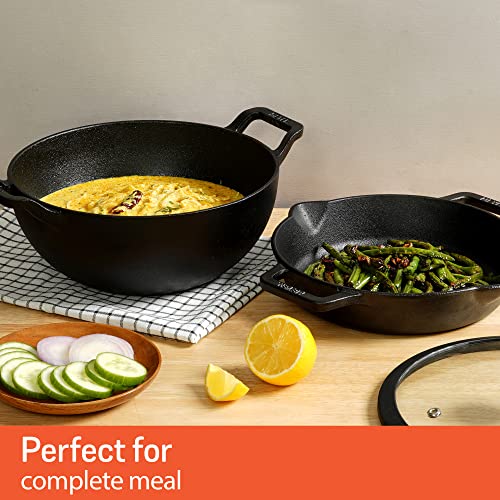 Image 3 of Meyer Pre-Seasoned Cast Iron 3 Piece Cookware Set - 24cm Skillet + 24cm Deep Kadai with Interchangeable Lid