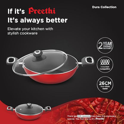 Image 2 of Preethi Dura Collection Non Stick Kadai, 26 cm, with Glass Lid, Gas & Induction Compatible, 5 Star Non Stick Effect, Chilly Red