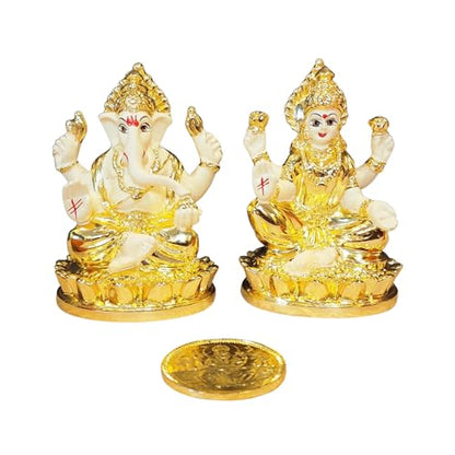 Image 3 of Gold Art India Laxmi Ganesh Gold Plated Off White Terracotta Idol for Home with Gold Plated Coin (3" Inch)