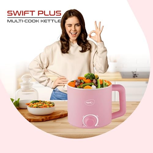 Image 6 of Pigeon By Stovekraft Swift Plus Multi-Cook Kettle 1.5L, With Steamer, Egg Rack - Pink | Black | Double Layered | Food Grade Stainless Steel Inner Wall | Glass Lid | Auto Shut-Off, 600 Watts