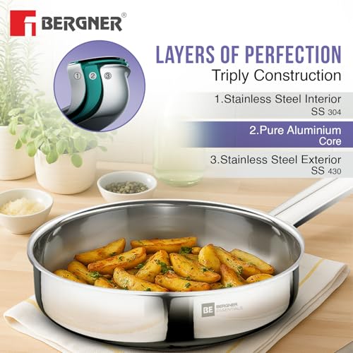 Image 6 of BERGNER BE Essentials TriPro Tri-Ply 7 Pcs Cookware Set of Rice Handi 24cm (5.5 L) with Lid, Biryani Handi 28cm (6.4 L) with Lid, Sautepan 22cm (2 L), Coffee Warmer 12cm (800ml), Tadkapan 10cm (300ml)