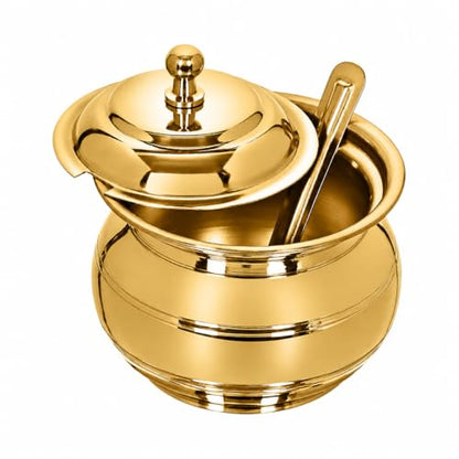 Image 2 of KC Golden Brass Multipurpose Ghee Pot/Pickle Container 400 ML with Embossed Designer Spoon