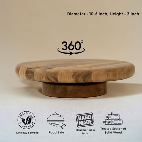 Image 2 of Vesta Homes Round Wooden 360 Degree Rotating Cake Stand, Pizza and Dessert Platter for Dining Table | 10.5 Inch Diameter, 3 Inch Height | Handcrafted in India