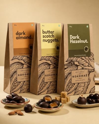 Image 3 of KOKOMAE Chocolate Gift Box | 3 Chocolate Coated Nut Bars – Dark Almond, Dark Hazelnut & Butterscotch Nuggets | Premium Festive Gift Hamper (3 Dragees Gift Box)