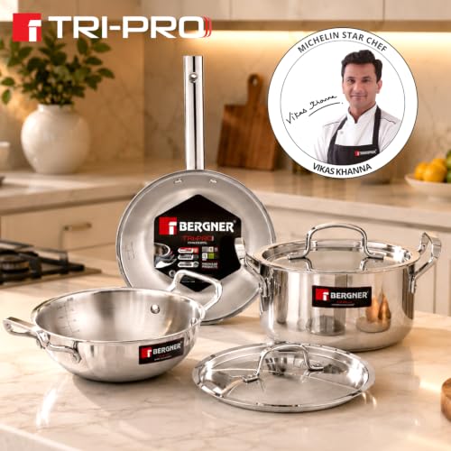 Image 3 of BERGNER Tripro Triply Stainless Steel 4 Pc Cookware Set, 24 cm Indian Wok/Kadai with Lid, 22 cm Frypan, 16 cm Tea Pan
