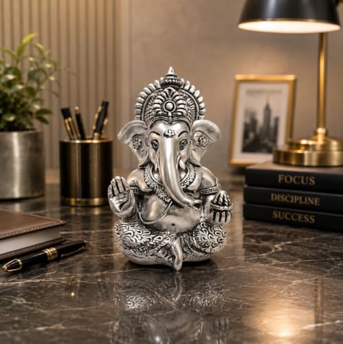 Image 6 of Gold Art India Ganesha Idol for Car Dashboard & Kamdhenu Idol for Vastu Decor (Silver, Oval)
