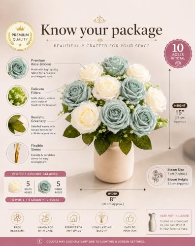 Image 2 of Divyakosh Artificial Rose Flower Bouquet 10 Rose (5 Sage Green + 5 Ivory White Roses) with Green Leaves | Faux Flowers for Home Decor, Living Room, Office, Bedroom| Vase Not Included