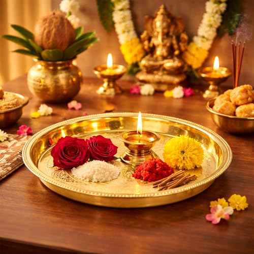 Image 2 of Spillbox Brass Pooja Thali For Mandir Traditional Pital Puja Engraved Aarti Thali -9 Inch-Petal Plate