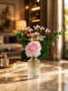 Image 1 of Default Title for the product Divyakosh Artificial Pink Rose Flower Bunch with Glass VASE (1 Big Rose + Baby Breath) | Realistic Faux Floral Bouquet with Green Leaves & Baby Breath | Home Decor for Living Room, Bedroom, Office