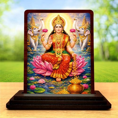 Image 2 of HD Printed Maa Lakshmi Wooden Idol 4x5 Inch Traditional Pooja Spiritual Showpiece