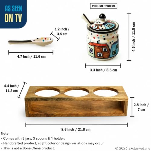Image 7 of ExclusiveLane Hut Handpainted Ceramic Pickle Jars with Spoon & Wooden Holder Set of 3 280 ML