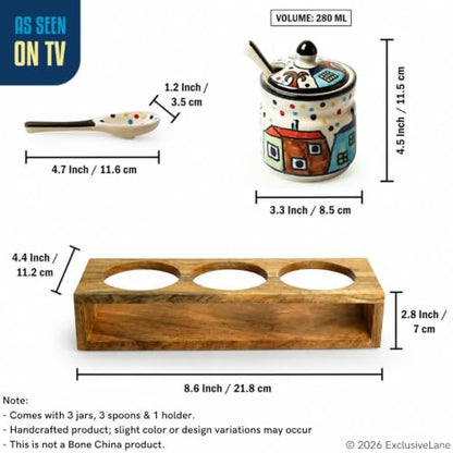 Image 7 of ExclusiveLane Hut Handpainted Ceramic Pickle Jars with Spoon & Wooden Holder Set of 3 280 ML