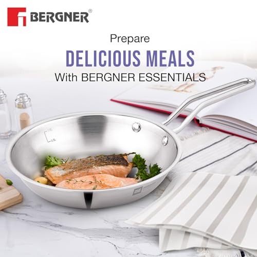 Image 5 of BERGNER BE Essentials TriPly 4 Pcs Stainless Steel Cookware Set - 24cm (3.1L) Kadai, 24cm (1.5L) Frypan, Common Flat Glass Lid, 26cm Non-Stick Roti Tawa