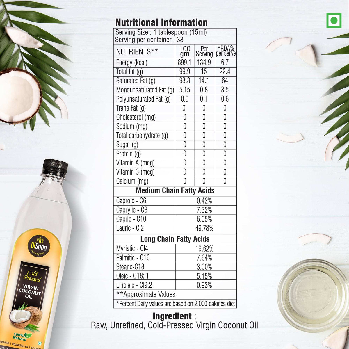 Image 5 of Disano Cold Pressed Virgin Coconut Oil Bottle, 500 ml