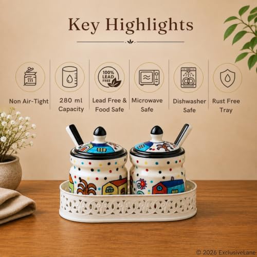 Image 5 of ExclusiveLane The Hut Ceramic Pickle Jars with Spoons & Iron Tray Set of 2 280 ml