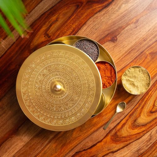 Image 1 of Default Title for the product ExclusiveLane Floral Brass Spice Box for Kitchen with Spoon 7 Detachable Containers 100 ML Each Gold