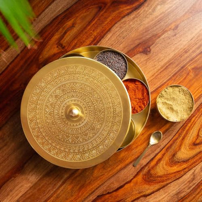 Image 1 of Default Title for the product ExclusiveLane Floral Brass Spice Box for Kitchen with Spoon 7 Detachable Containers 100 ML Each Gold