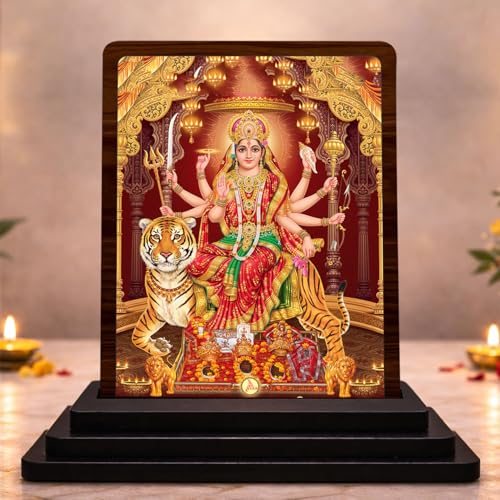 Image 1 of Default Title for the product Classic Devotional Durga MATA Wooden Table Idol 4x5 Inch HD Printed Decorative Piece