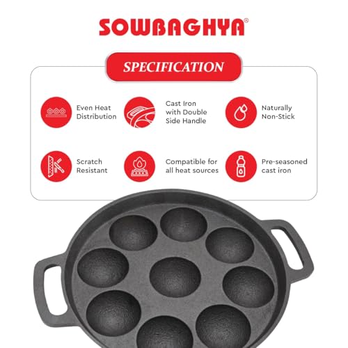 Image 5 of SOWBAGHYA Pre-Seasoned Cast Iron Paniyaram Pan with Glass Lid (9 Pits)