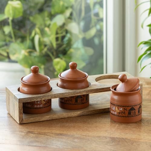 Image 1 of Default Title for the product ExclusiveLane Warli Village Tales Handcrafted Ceramic Pickle Jar Set of 3 with Wooden Tray 250 ML