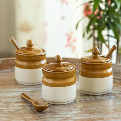 Image 1 of Default Title for the product ExclusiveLane 'Barni Tales' Ceramic Pickle Jars for Dining Table With Spoon (Set Of 3, Non-Airtight, 270 ml, Hand-Glazed) | Pickle Jar With Spoon Achar Jar Set Achar Container Set for Dining Table|
