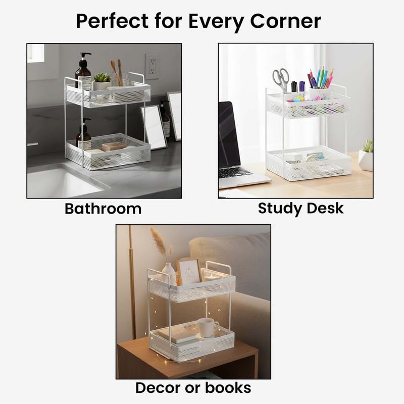 Image 2 of Go Hooked Metal Standing Rack 2-Tier Countertop Organizer | Spices Organizer | Bathroom Essentials | Vanity Storage | Decorative Use | Cosmetic Makeup Storage (White)