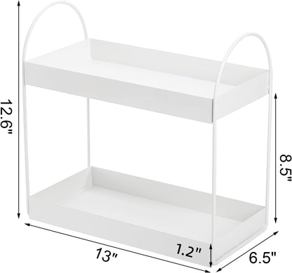 Image 3 of Go Hooked 2-Tier Standing Rack Bathroom Countertop Organizer Vanity Tray Cosmetic Makeup Storage Kitchen Spice Rack Standing Shelf (White, Metal, Pack of 1)