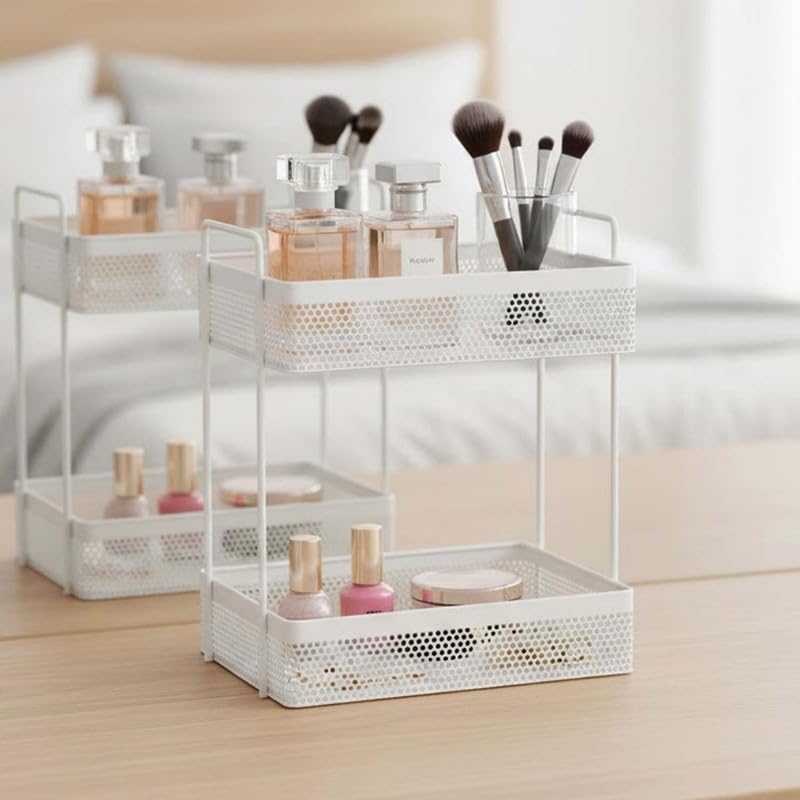 Image 1 of Default Title for the product Go Hooked Metal Standing Rack 2-Tier Countertop Organizer | Spices Organizer | Bathroom Essentials | Vanity Storage | Decorative Use | Cosmetic Makeup Storage (White)