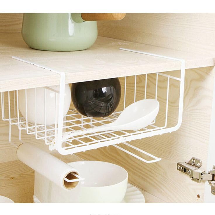 Image 6 of Go Hooked Multipurpose Under Shelf Basket 12 Inch Wire Rack Cabinet Storage Basket | Metal Hanging Basket for Home | Under Cabinet Drawer | Space Saving Under Shelf Rack (White, 1pcs)