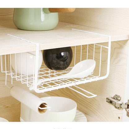 Image 6 of Go Hooked Multipurpose Under Shelf Basket 12 Inch Wire Rack Cabinet Storage Basket | Metal Hanging Basket for Home | Under Cabinet Drawer | Space Saving Under Shelf Rack (White, 1pcs)
