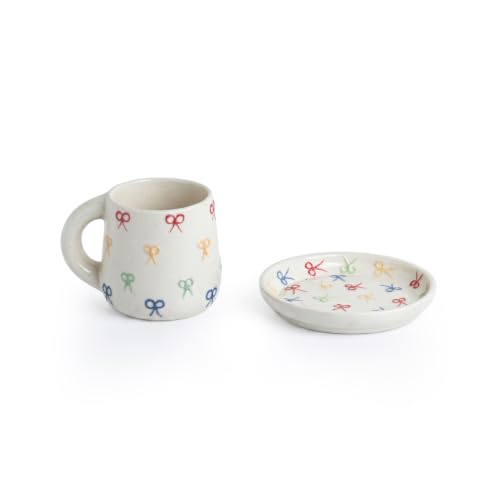 Image 3 of ExclusiveLane Ribbon Bow Hand Embossed Ceramic Tea Cup with Saucer Set of 2 335 ml Microwave Safe