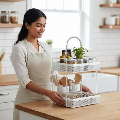 Image 5 of Go Hooked Metal Standing Rack 2-Tier Countertop Organizer | Spices Organizer | Bathroom Essentials | Vanity Storage | Decorative Use | Cosmetic Makeup Storage (White)