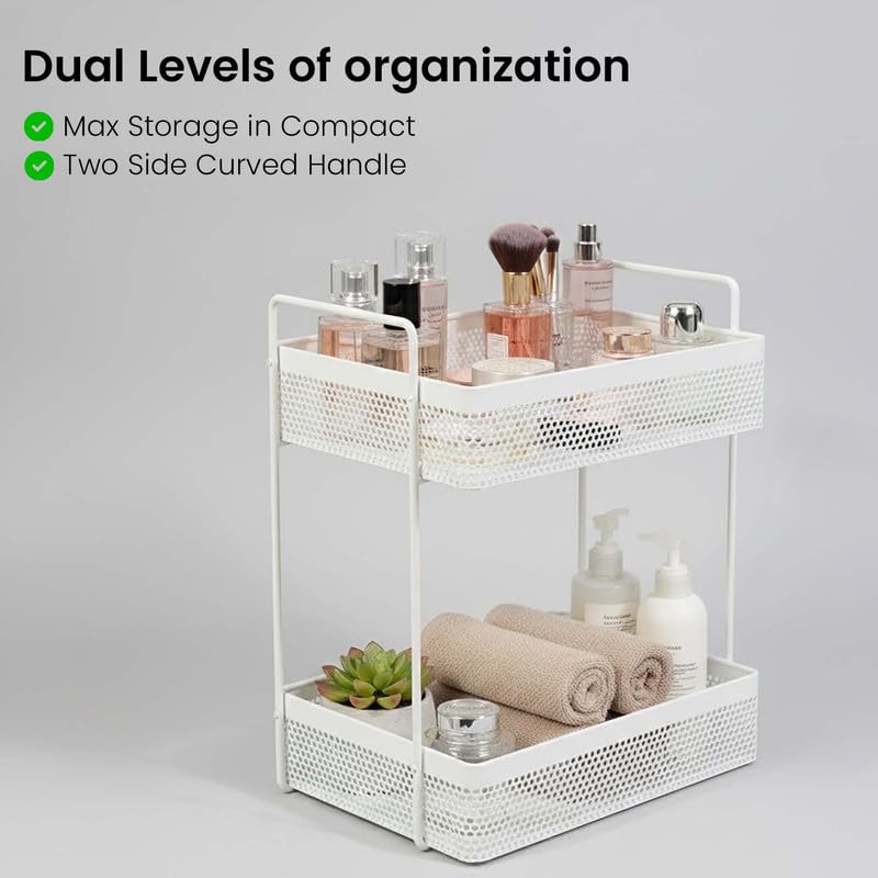 Image 4 of Go Hooked Metal Standing Rack 2-Tier Countertop Organizer | Spices Organizer | Bathroom Essentials | Vanity Storage | Decorative Use | Cosmetic Makeup Storage (White)