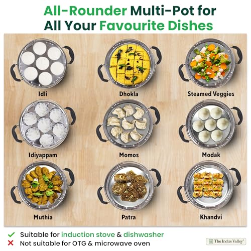 Image 4 of The Indus Valley Stainless Steel Idli Maker/Momo Maker/Multi Kadai/Steamer Set|Large, 5 Plates, 2 Idli|2 Dhokla|1 Steamer|29Cm/11.3 Inch, 4.2Ltr, 2.5Kg|3-Layer Thick Bottom|Induction Friendly